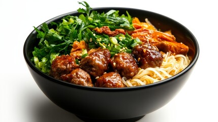 A close-up shot of a bowl of rice vermicelli noodles topped with braised pork meatballs, fresh greens, and a sprinkle of sesame seeds. The dish represents a combination of flavors and textures, offeri