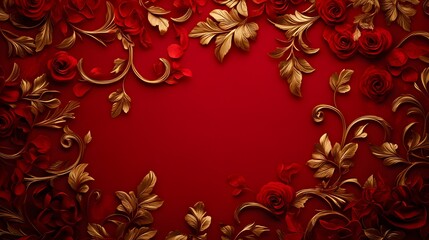 Golden baroque swirls and curls, seamlessly flowing on a rich red velvet background, vintage elegance, metallic luster, sophisticated and ornate.