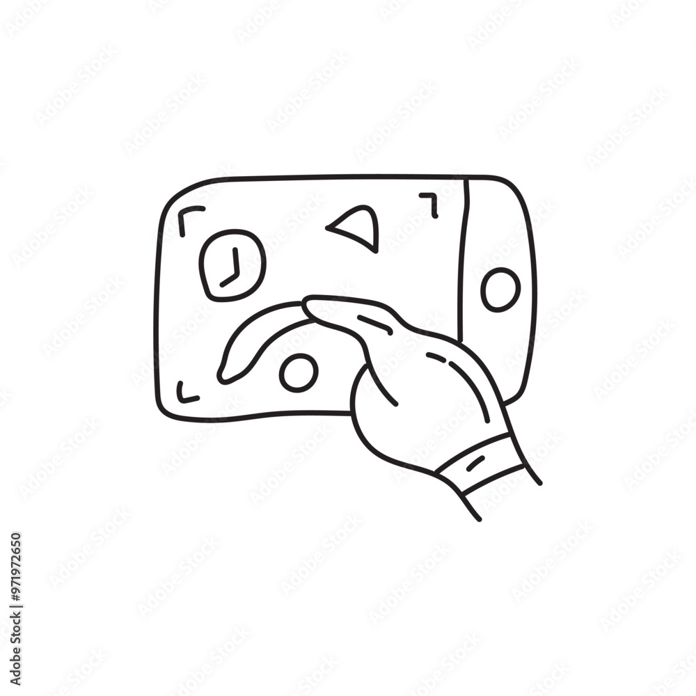 Aufkleber hand tapping on a smartphone screen with clock icon and arrow