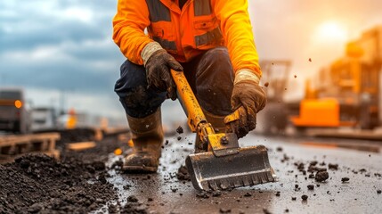 Construction Worker Using Road Cutting Tool