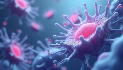  Vibrant 3D rendering of a virus particle with pink and blue hues