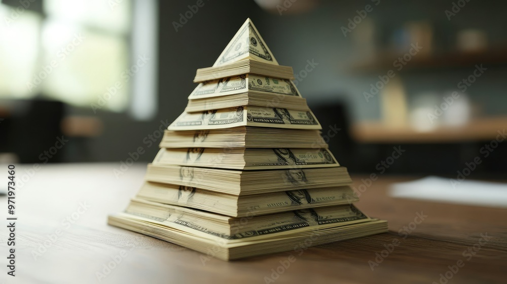 Poster 3d business cost pyramid model, displaying expenses visually with open copy space.
