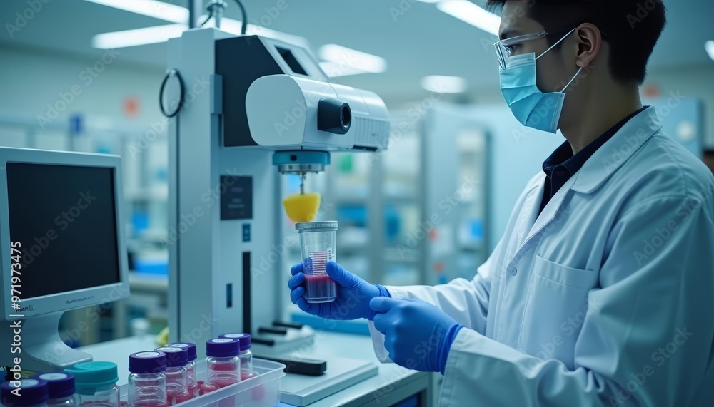 Poster innovation in progress a scientist at work in a modern lab