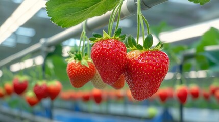 A close-up shot of ripe red strawberries hanging from a vine in a greenhouse, showcasing the vibrant color and freshness of the fruit. This image symbolizes the bounty of nature, the process of growth