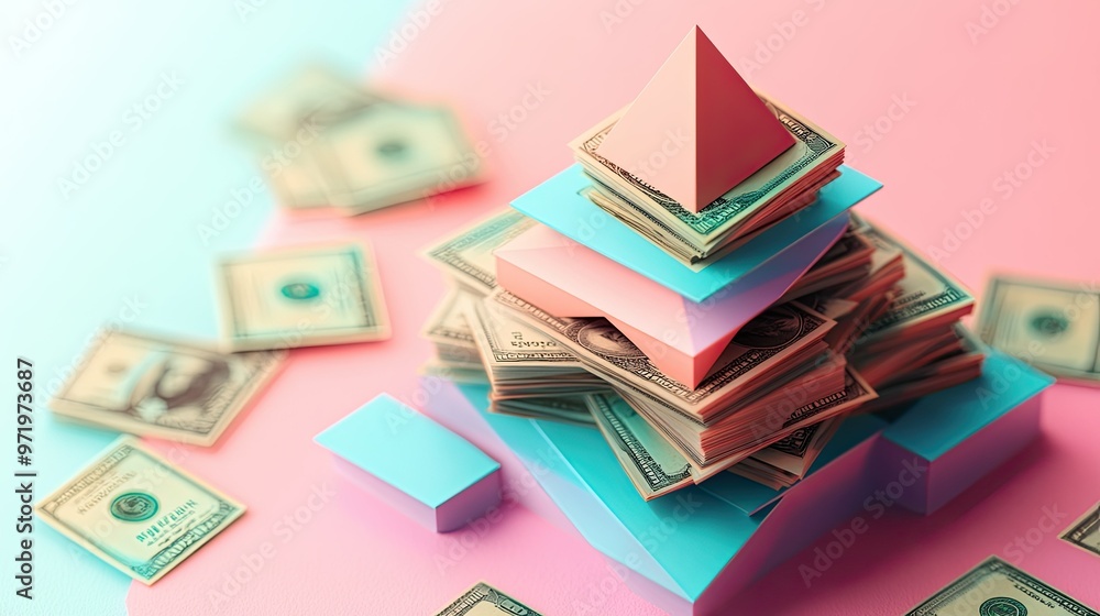 Aufkleber 3d cost structure pyramid with arrows and sections, top view, ample copy space.