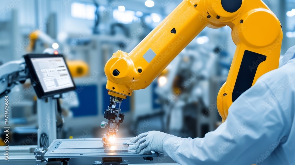 Poster a close-up view of a worker and a robotic arm collaborating on a production line. the robotic arm is