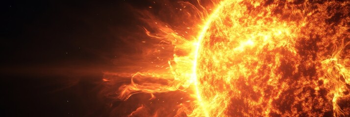 Fototapeta premium A close-up view of a sun-like star erupting in a powerful geomagnetic storm. The fiery plasma and intense energy release create a captivating display of nature's power. This image symbolizes the raw e