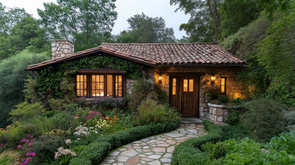 color photo of a charming stone cottage nestled in a picturesque landscape , the house with a traditional design, a sloping terracotta roof, and a rustic stone facade exuding a cozy and inviting charm