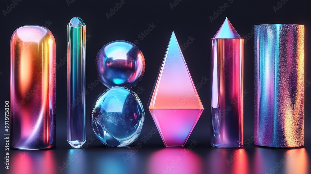 Poster assorte abstract geometric shapes an objects collection of iridescent metallic design elements clip 