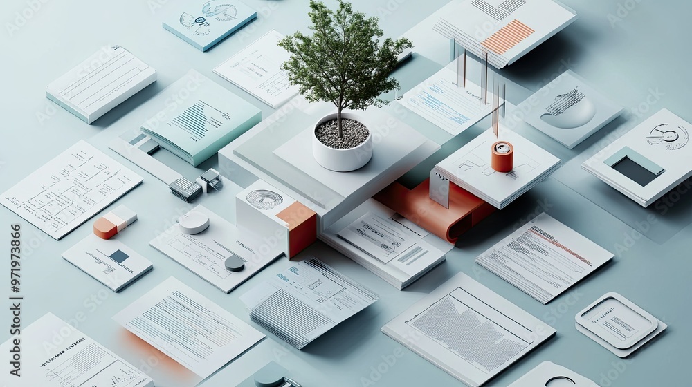 Poster 3d layers of business expenses in a hierarchical structure, top view, copy space.
