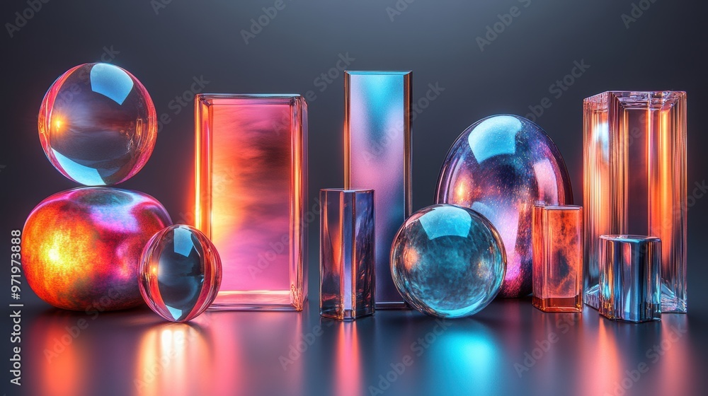 Poster assorte abstract geometric shapes an objects collection of iridescent metallic design elements clip 