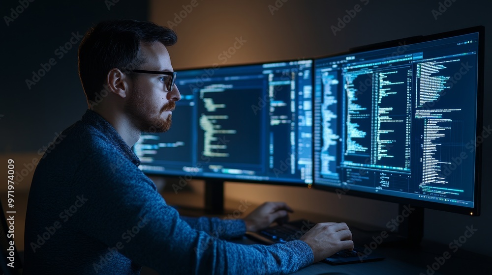 Aufkleber a concentrated software developer sits at his desk, working late into the night. he is analyzing dat