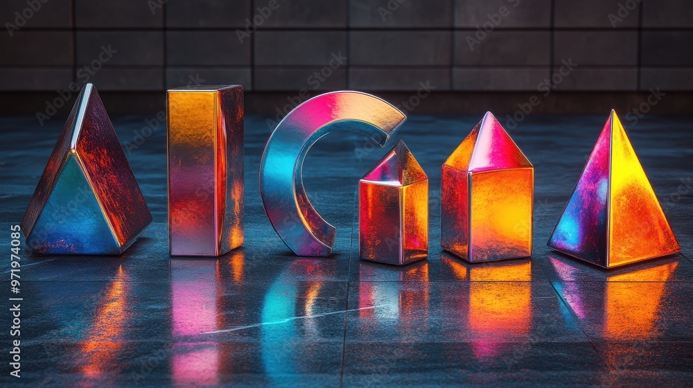 Poster assorte geometric iridescent shapes set modern minimal colorful metal objects isolate on dark gray b