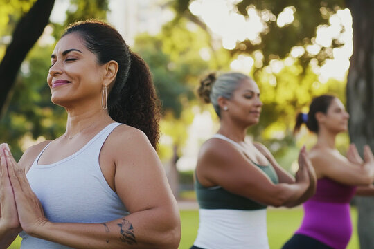 Diverse Latin American Women in Outdoor Yoga Session 