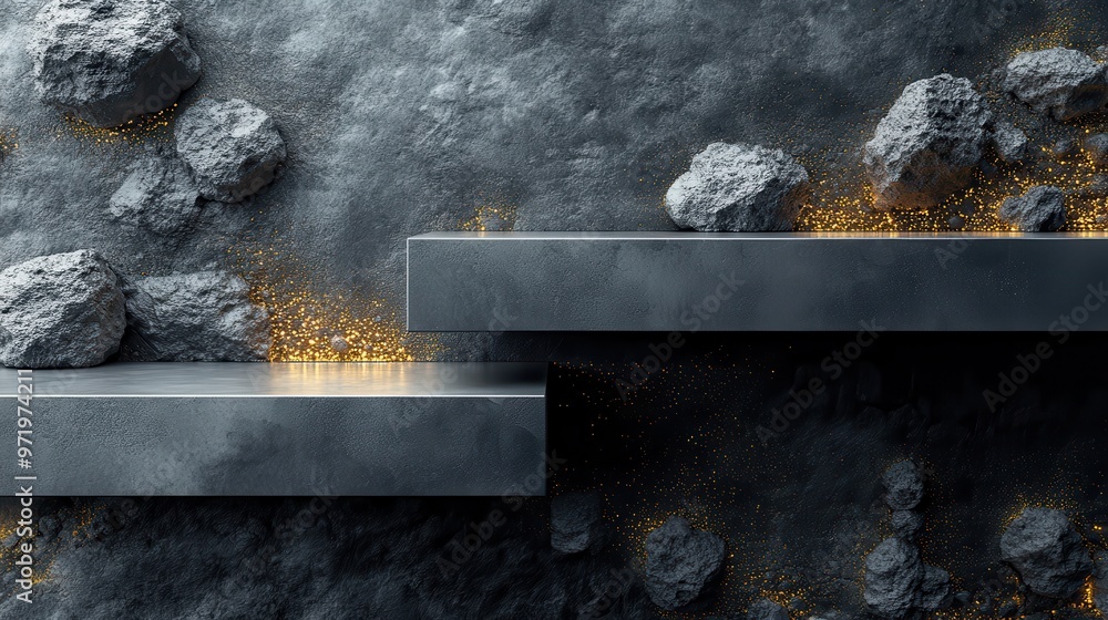 Poster black backgroun with abstract cobble stone rocks an colore metallic blocks tie with golden wire mode