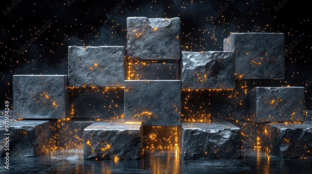 Poster black backgroun with abstract cobble stone rocks an colore metallic blocks tie with golden wire mode