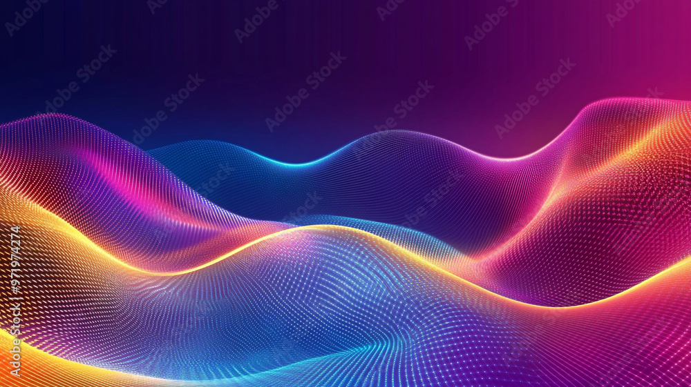 Poster colorful wave patterns in a vibrant gradient background at sunset with flowing light effects