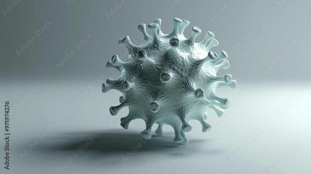 Poster 3d virus model floating in space, isolated on a grey surface with ample copy space.