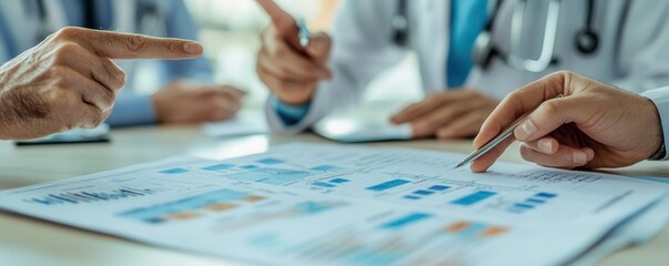Doctors pointing at a printed chart of a patient s vitals during a clinical meeting, vital signs review, treatment discussion
