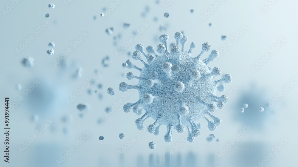 Poster 3d virus model in motion on a bright surface, isolated with room for copy space.