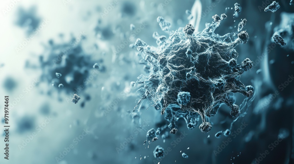 Poster 3d virus particles in motion on a neutral surface, copy space on the side.