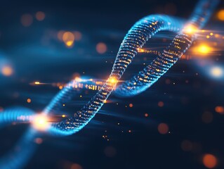 Abstract representation of a digital DNA strand, glowing with light bursts, illustrating technology and innovation in science.