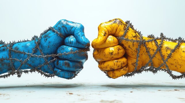 blue an yellow human hands wrappe with barbwire isolate on white backgroun victory gesture never give up fight for freedom in ukraine social justice concept human rights violation