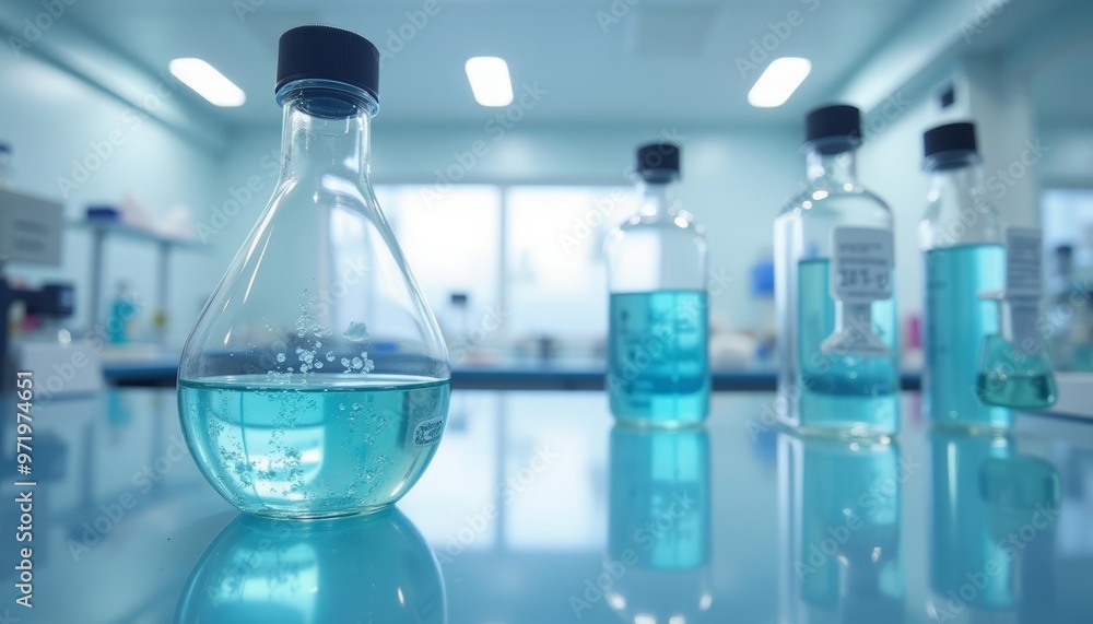 Poster chemistry in action a flask of blue solution on a lab bench