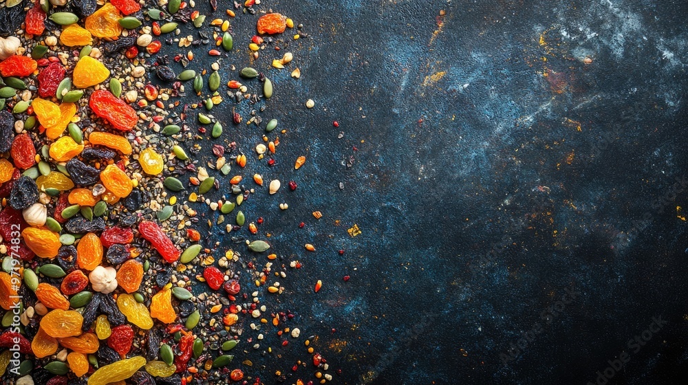 Poster a colorful array of dried fruits and seeds scattered on a dark background, top view, copy space.