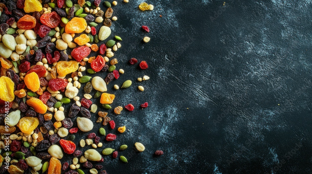 Poster a colorful array of dried fruits and seeds scattered on a dark background, top view, copy space.