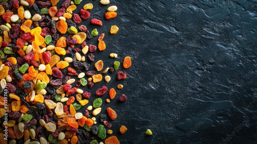 Poster a colorful array of dried fruits and seeds scattered on a dark background, top view, copy space.