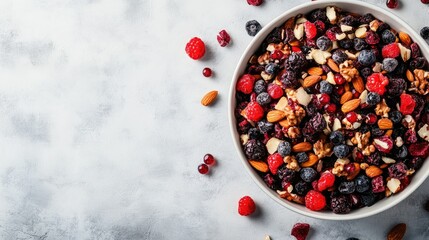 A colorful mix of dried berries and nuts in a dish, top view, surrounded by copy space.