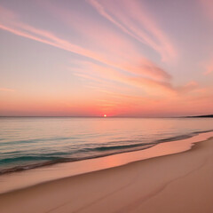 Obraz premium Peaceful Sunset at the Beach: Soft Pink Skies and Gentle Waves Create a Tranquil Seascape