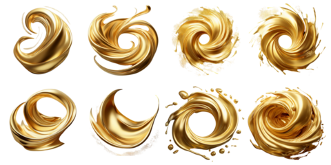 Golden swirl liquid shapes isolated on transparent background
