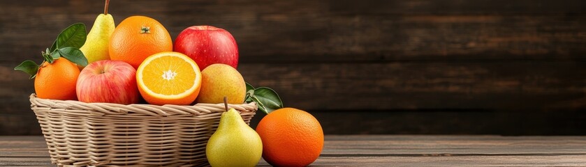 Organic fruit basket with apples, oranges, and pears, neatly arranged on a rustic wooden table