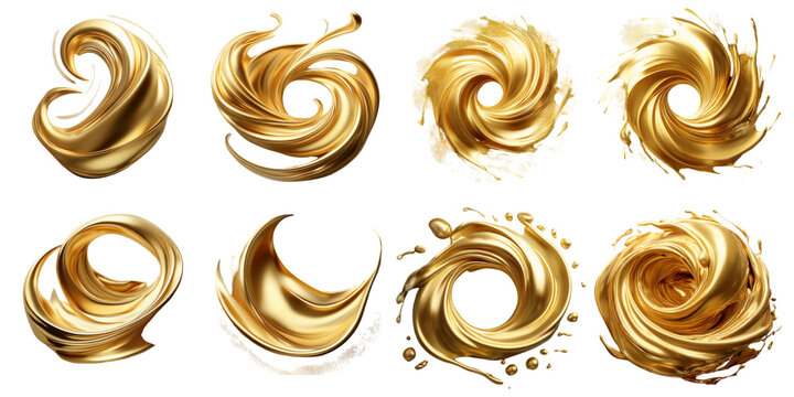 Golden swirl liquid shapes isolated on transparent background