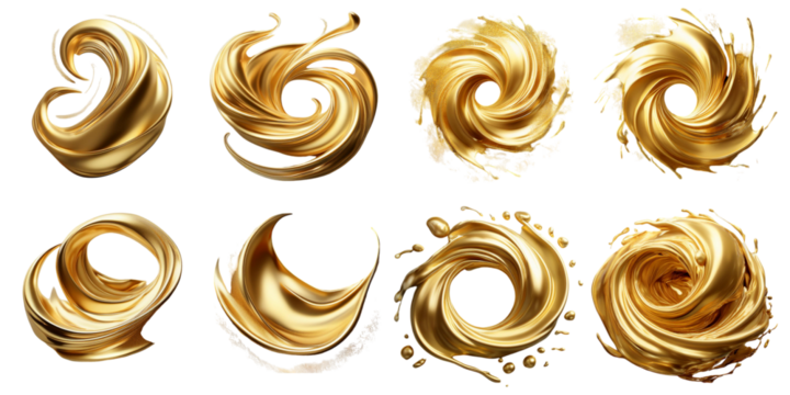 Golden swirl liquid shapes isolated on transparent background