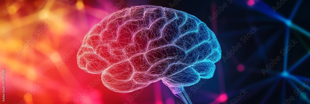 Aufkleber a digital wireframe of a human brain illuminated in a vibrant, multicolored network, symbolizing int