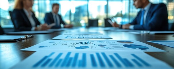 Executives reviewing contingency options with paper diagrams and handouts in a well-lit meeting room, contingency planning, document-based review