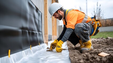 Construction Worker Installing Waterproofing Membrane.