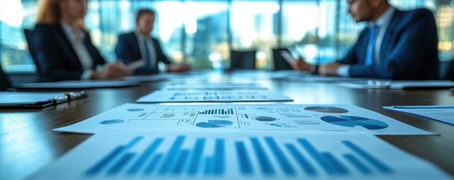 Executives reviewing contingency options with paper diagrams and handouts in a well-lit meeting room, contingency planning, document-based review