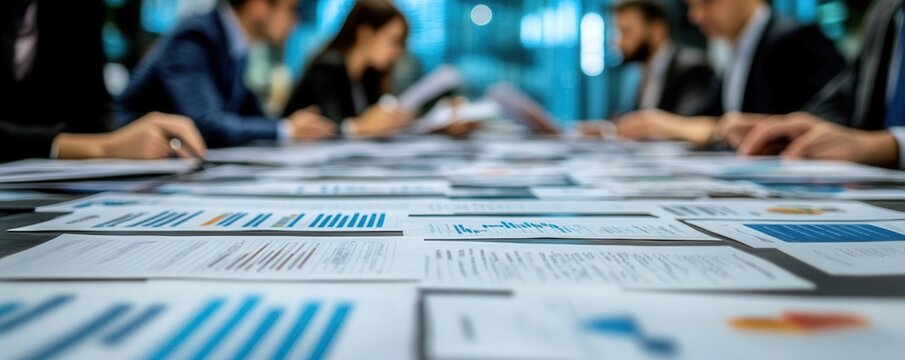 Managers reviewing contingency scenarios with printed documents spread across a large table, scenario planning, business continuity