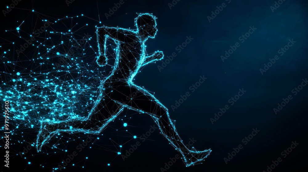 Poster a dynamic abstract silhouette of a runner, in a futuristic style with glowing lines and dots. it sym