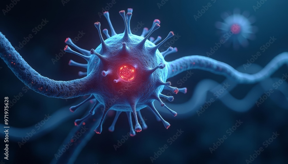 Poster illustration of a virus particle with a glowing core surrounded by spikes