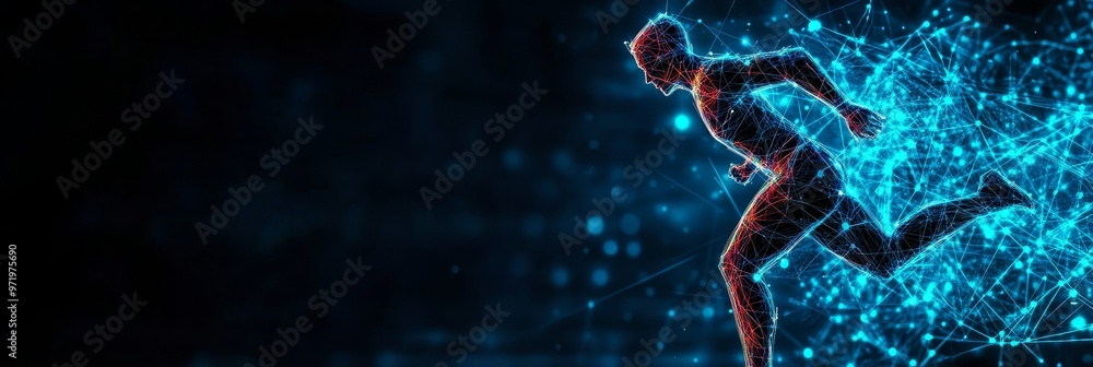 Poster a dynamic silhouette of a runner made of connected lines and glowing particles, symbolizing speed, d