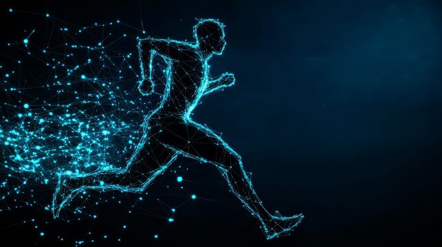 A dynamic abstract silhouette of a runner,  in a futuristic style with glowing lines and dots. It symbolizes speed, movement, and determination, representing the pursuit of athletic excellence and hum