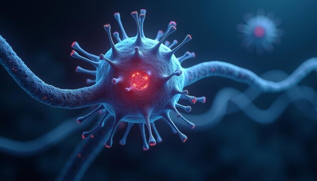  Illustration of a virus particle with a glowing core surrounded by spikes