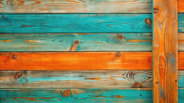 Wooden planks texture background in asymmetrical turquoise blue and orange colors