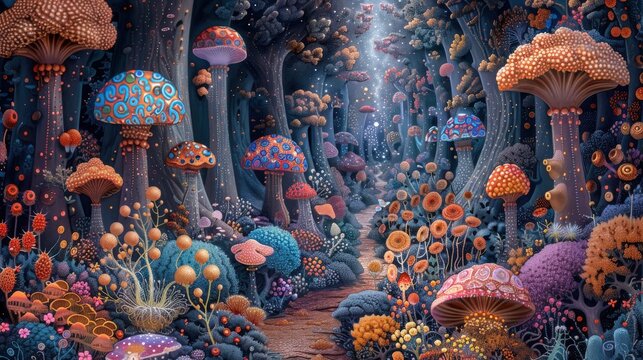 Create a digital artwork of an enchanted forest with psychedelic patterns and magical flowers