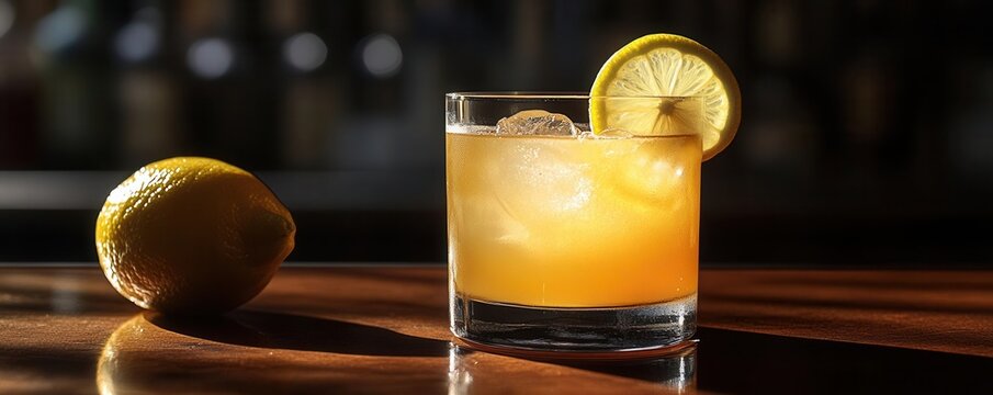 A dark bar scene with a whiskey sour, the lemon garnish casting a subtle shadow in the dim light, whiskey sour, refined night out
